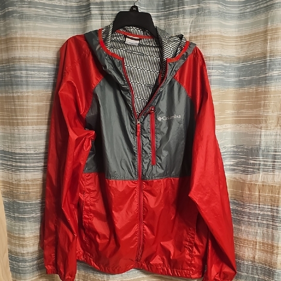 Columbia Mens Windbreaker Jacket Red Gray Color Block Thermal Coil Hood - Picture 1 of 7